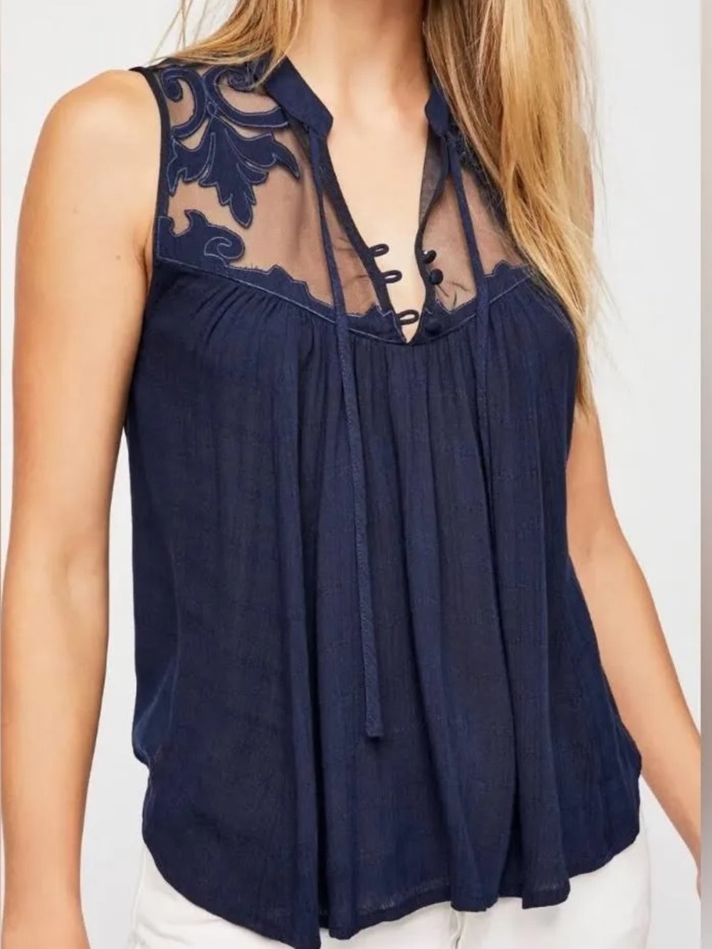 Free People Western Romance lace Navy Tank Top Large